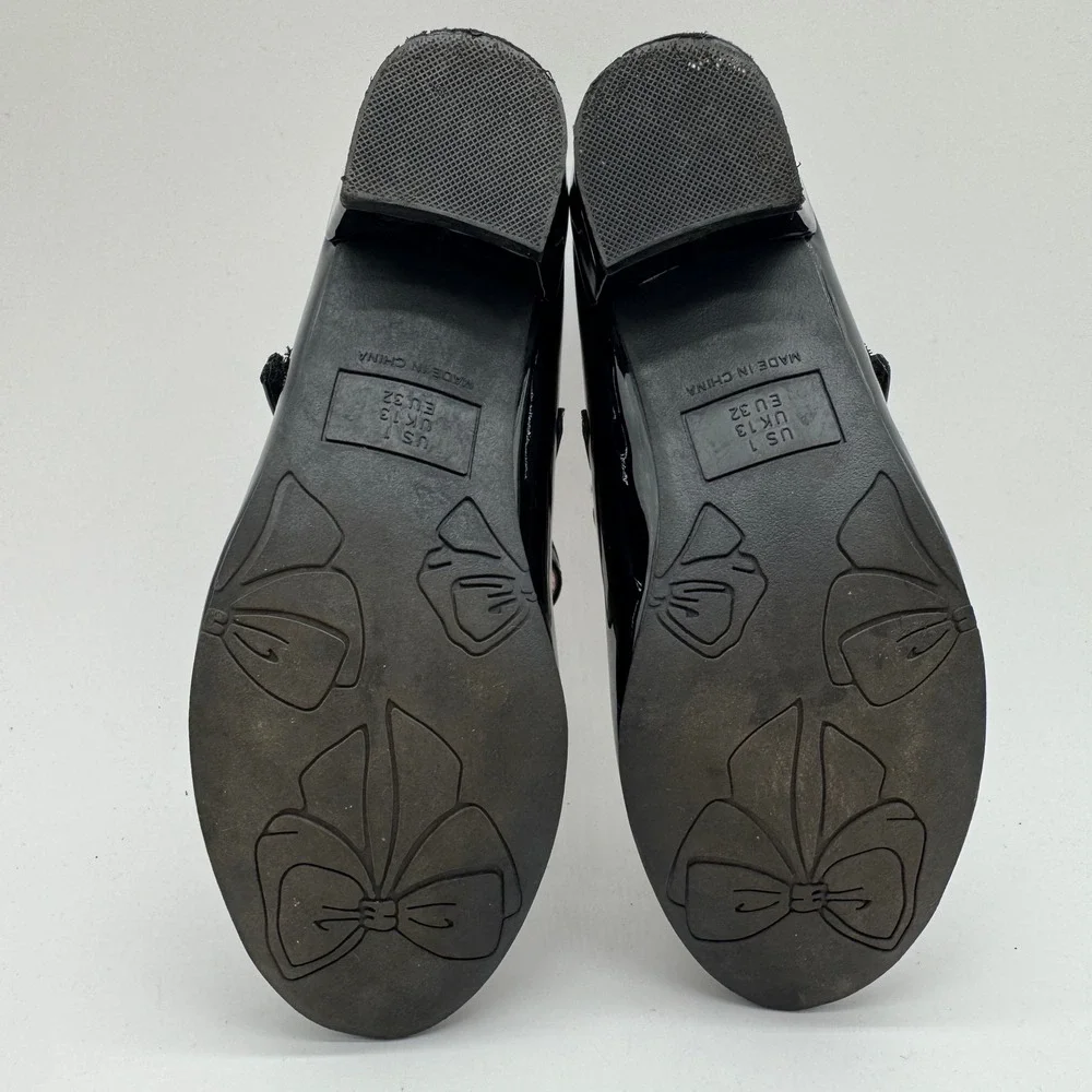 Girls Size 1 Black Patent Mary Jane Dress Shoes Low Block Heel Buckle Strap